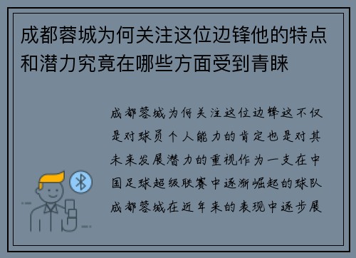 成都蓉城为何关注这位边锋他的特点和潜力究竟在哪些方面受到青睐